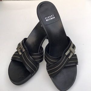 Stuart Weitzman leather silver buckle canvas cross front sandals…